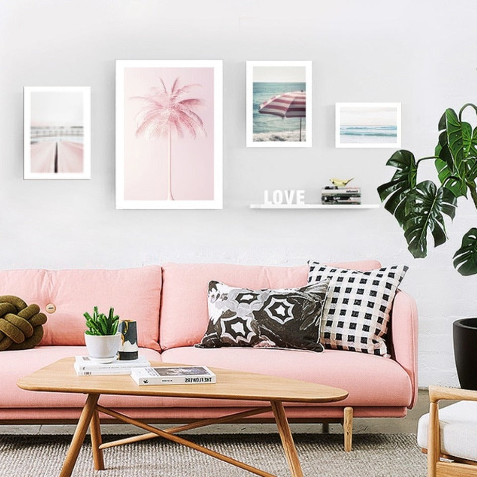 Oppfriskende havlandskap med rosa kokospalme – lerretbilde