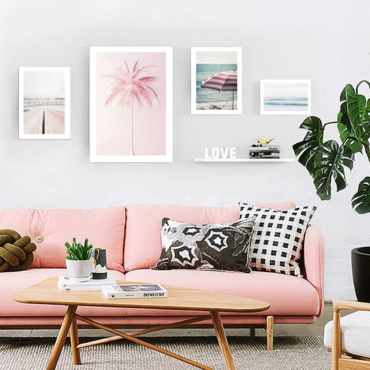 Oppfriskende havlandskap med rosa kokospalme – lerretbilde