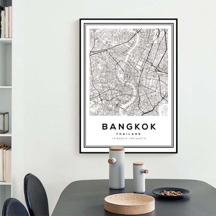 Svart og hvit Bangkok by - lerret veggkunst maleri | Skanto