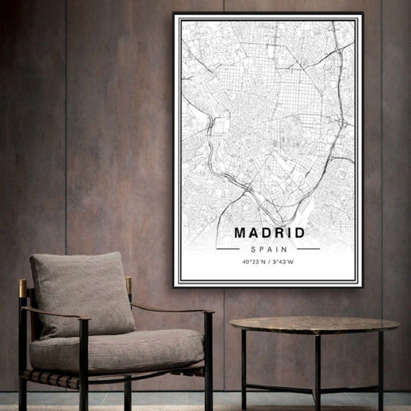 Svart-hvitt Madrid bykart Breddegrad Lengdegrad trykk Plakat | Skanto
