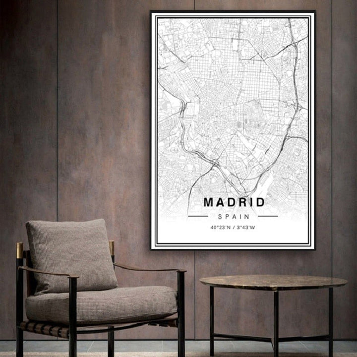 Svart-hvitt Madrid bykart Breddegrad Lengdegrad trykk Plakat | Skanto