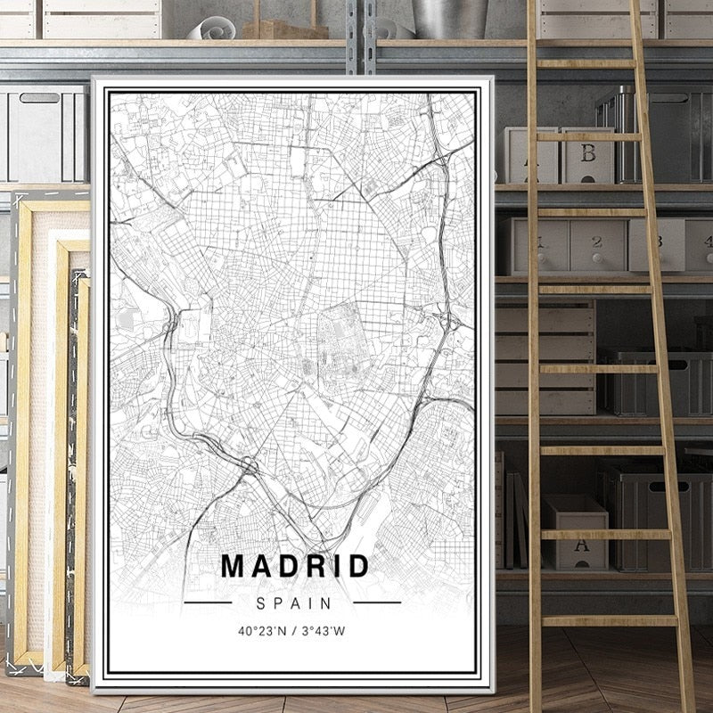 Svart-hvitt Madrid bykart Breddegrad Lengdegrad trykk Plakat | Skanto