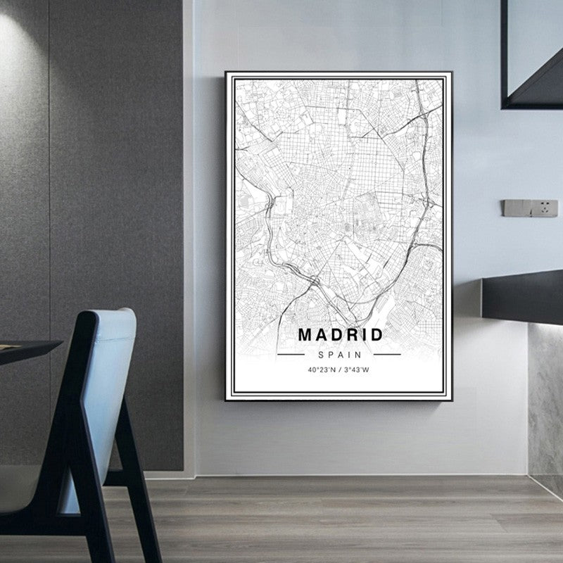 Svart-hvitt Madrid bykart Breddegrad Lengdegrad trykk Plakat | Skanto