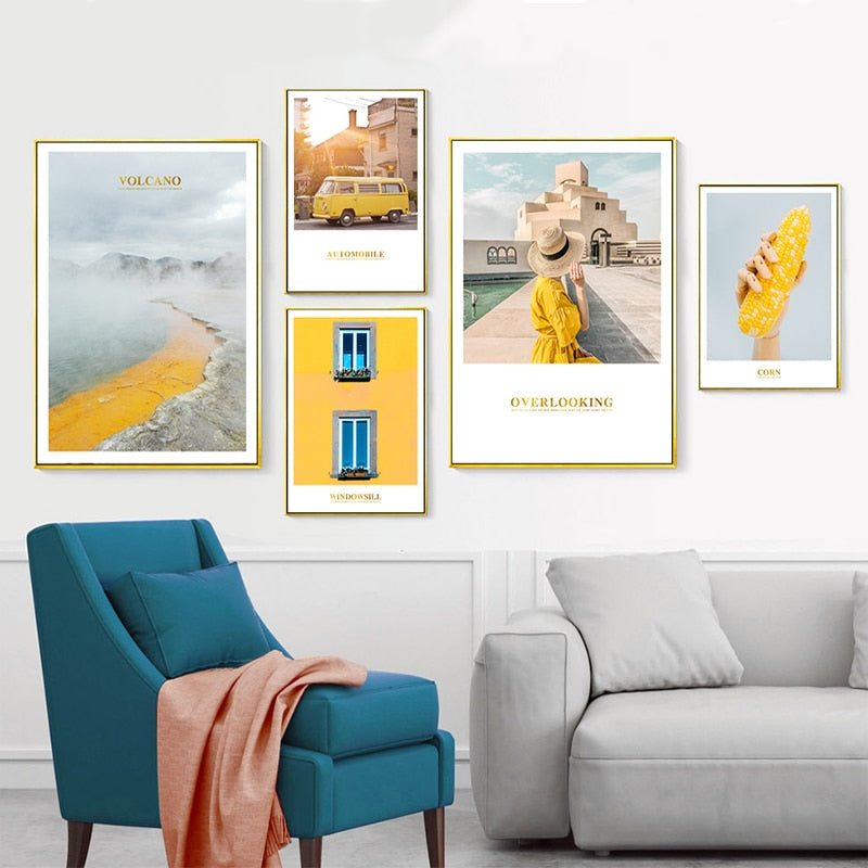 Moderne gule landskapsveggkunstplakat - lerret veggkunstmaleri