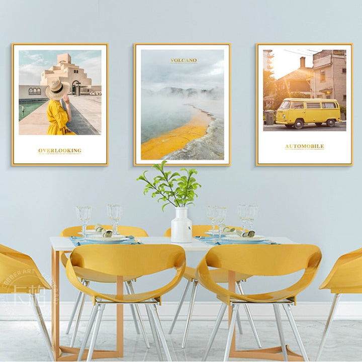 Moderne gule landskapsveggkunstplakat - lerret veggkunstmaleri