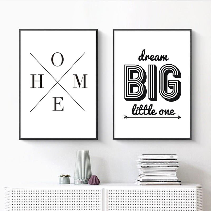 Minimalistisk Svart-Hvitt Inspirerende Bokstaver - Lerret Veggkunst Maleri