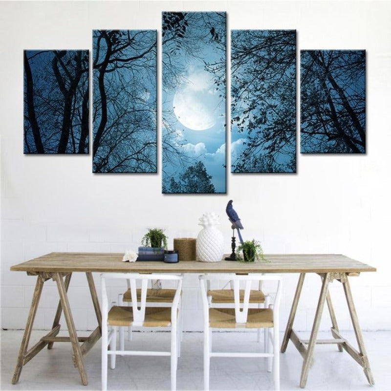 Moonlit Forest Night - Lerret Veggkunst Maleri