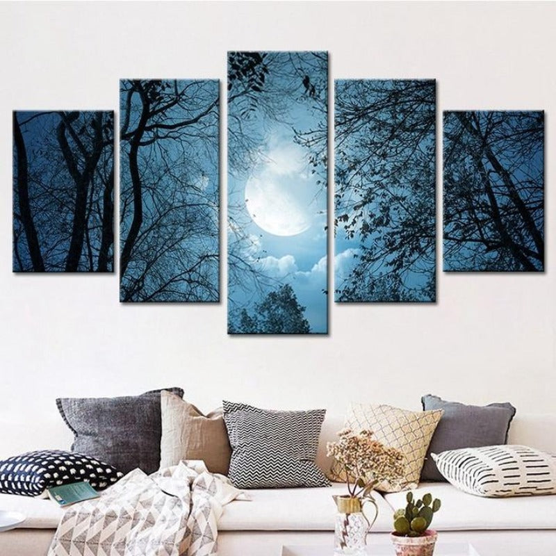 Moonlit Forest Night - Lerret Veggkunst Maleri