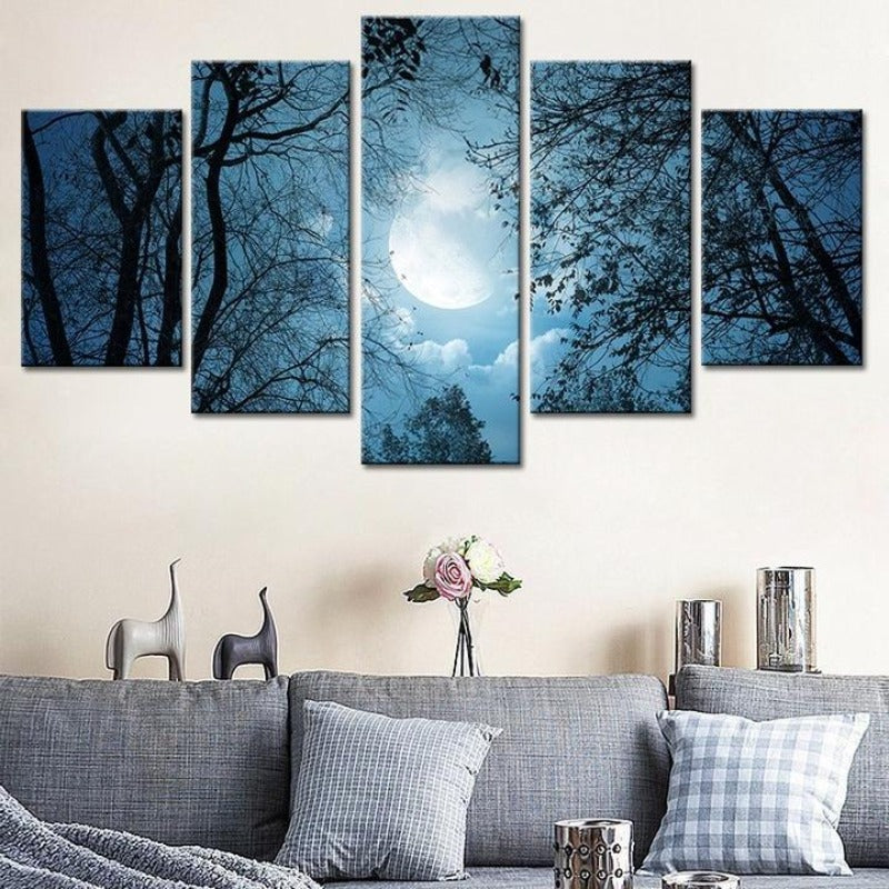 Moonlit Forest Night - Lerret Veggkunst Maleri