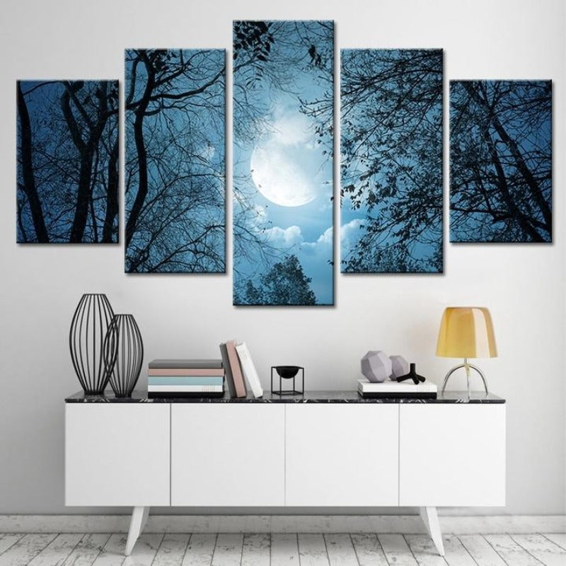 Moonlit Forest Night - Lerret Veggkunst Maleri