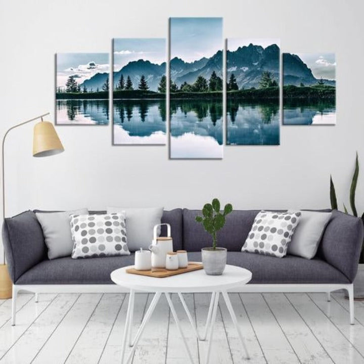 Berge Sjø Tre Landskap - Lerret Veggkunst Maleri
