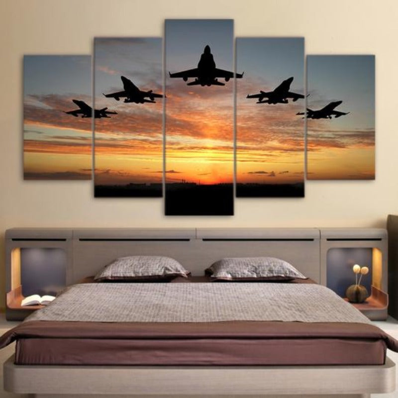 Flygende fly solnedgang - lerret veggkunst maleri