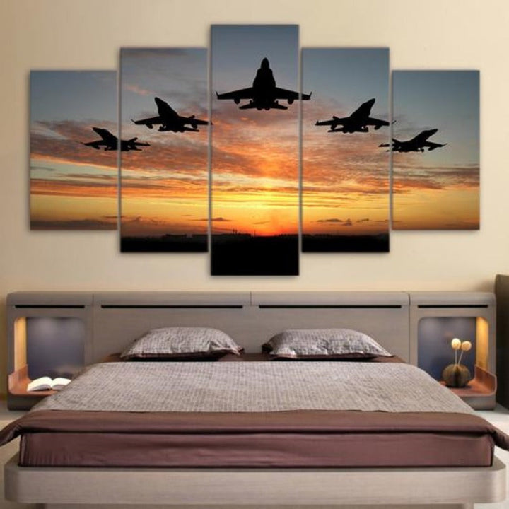 Flygende fly solnedgang - lerret veggkunst maleri