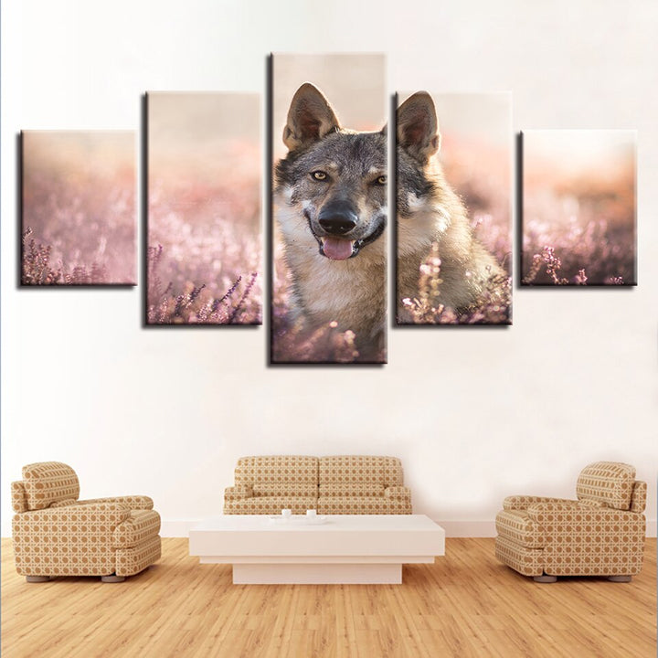 Flower Field Wolfdog - Lærred Veggkunst Maleri