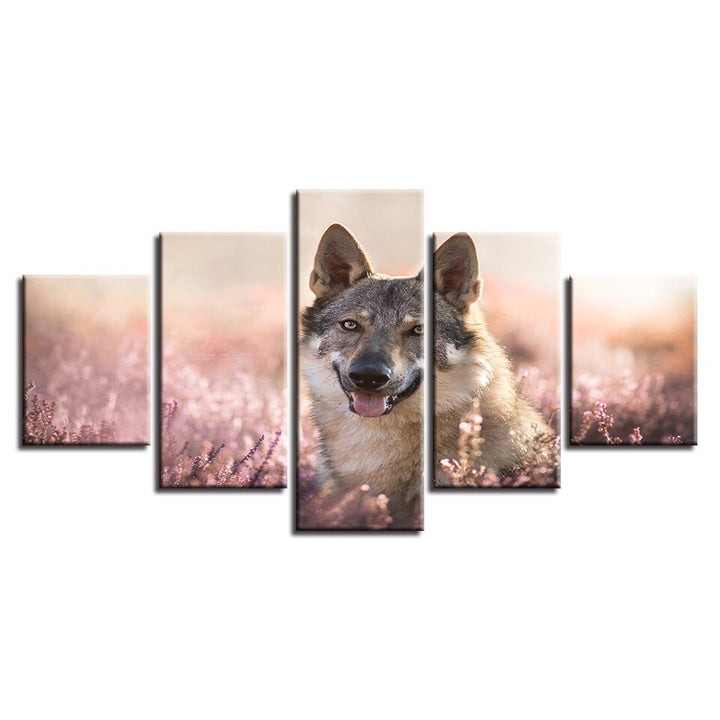 Flower Field Wolfdog - Lærred Veggkunst Maleri
