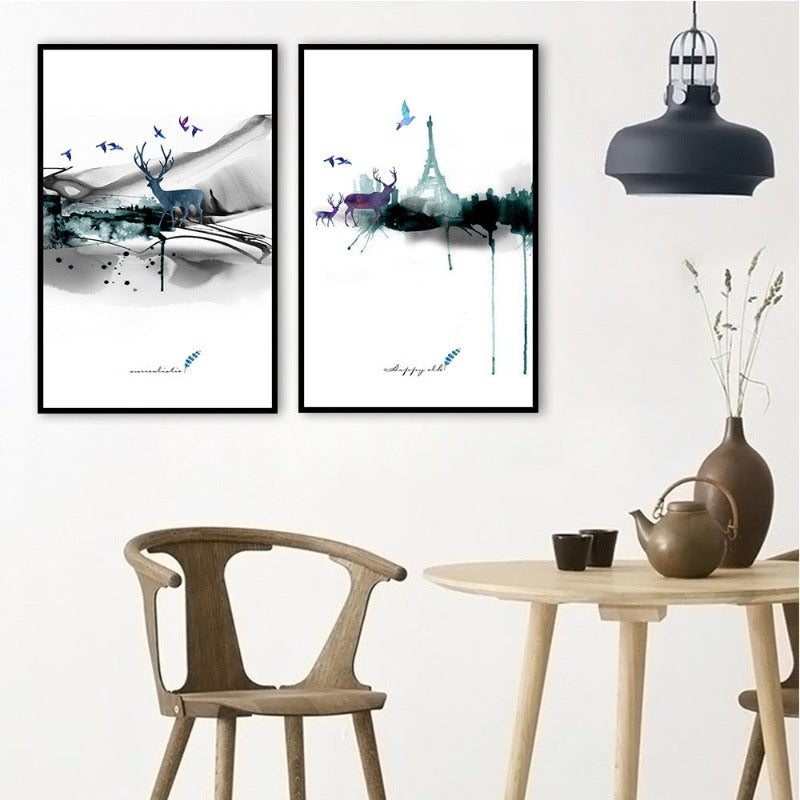 Abstract Paris Eiffel Tower Deer - Lerret Veggkunst Maleri | Skanto