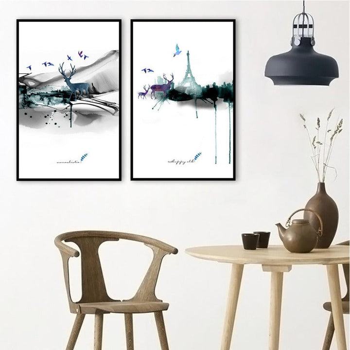 Abstract Paris Eiffel Tower Deer - Lerret Veggkunst Maleri | Skanto