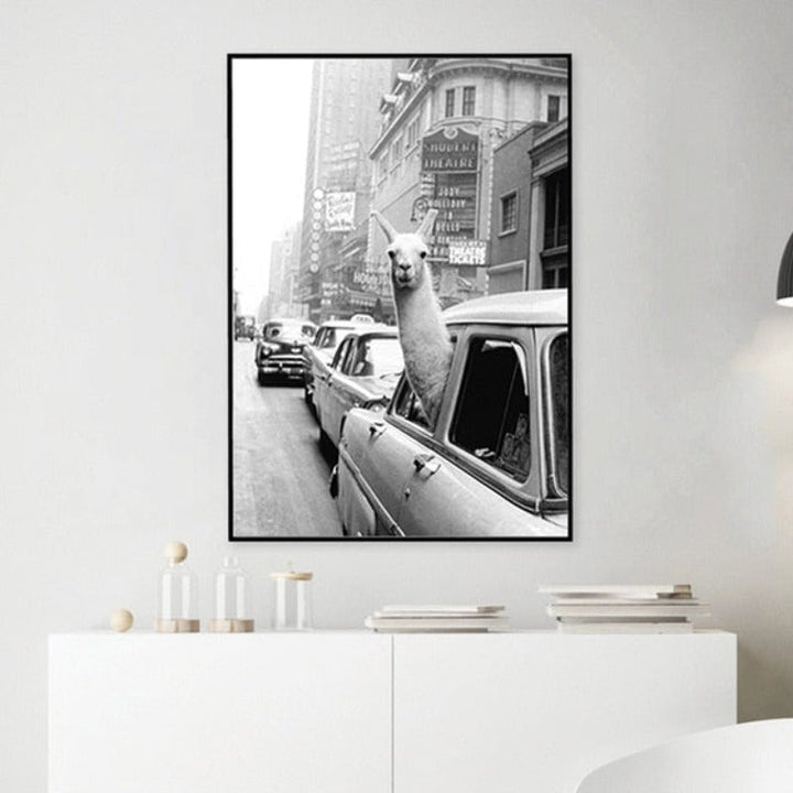Alpaca in a Taxi - Canvas Wall Art Painting | Skanto