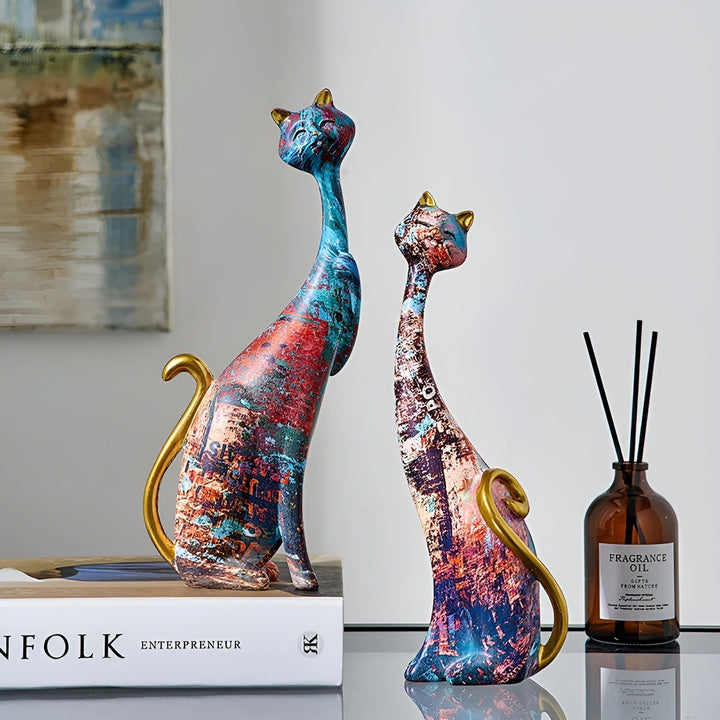 Sweet Lovers – Håndmalt katteparskulptur for evig hengivenhet
