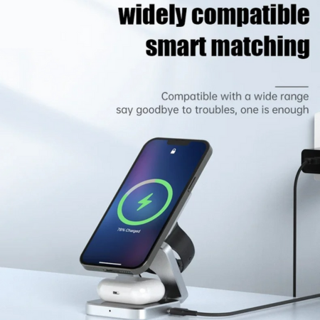 Skanto | 3-i-1 Magnetisk Trådløs Lader - Rask Sammenleggbar Lade Stasjon for Samsung, iPhone & AirPods