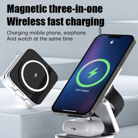 Skanto | 3-i-1 Magnetisk Trådløs Lader - Rask Sammenleggbar Lade Stasjon for Samsung, iPhone & AirPods
