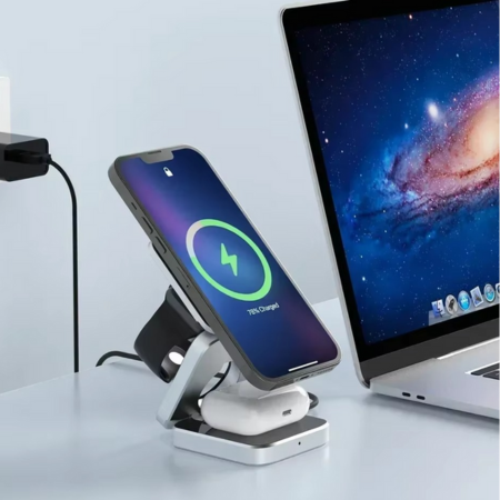 Skanto | 3-i-1 Magnetisk Trådløs Lader - Rask Sammenleggbar Lade Stasjon for Samsung, iPhone & AirPods