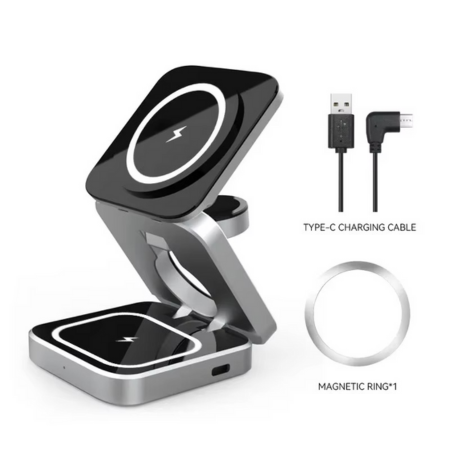 Skanto | 3-i-1 Magnetisk Trådløs Lader - Rask Sammenleggbar Lade Stasjon for Samsung, iPhone & AirPods