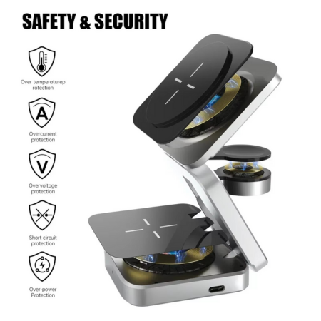 Skanto | 3-i-1 Magnetisk Trådløs Lader - Rask Sammenleggbar Lade Stasjon for Samsung, iPhone & AirPods