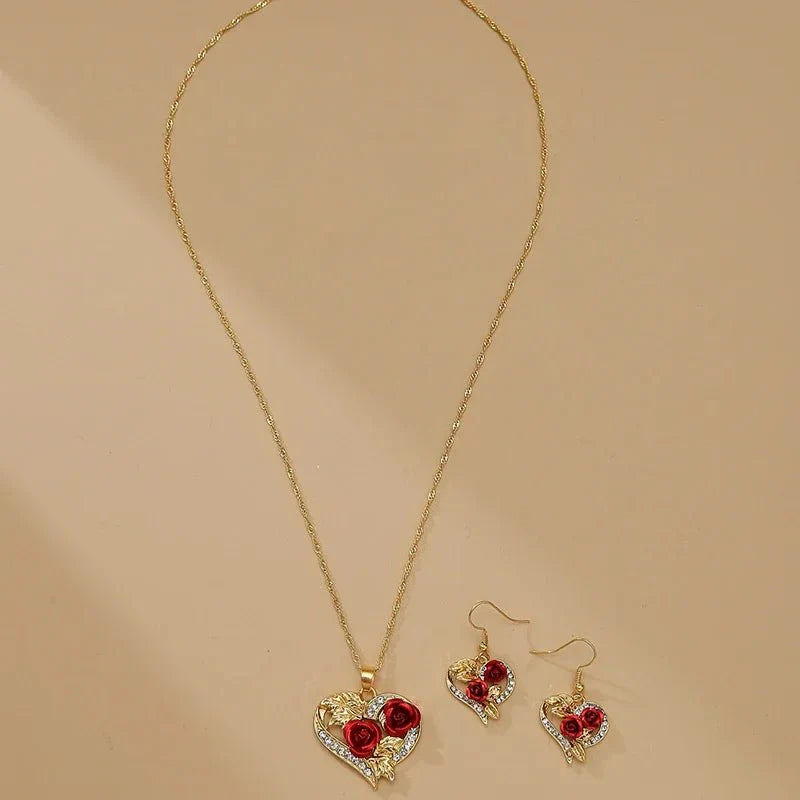 Skanto | Romantisk Hjerte Rose Diamant Halskjede og Øredobber Sett