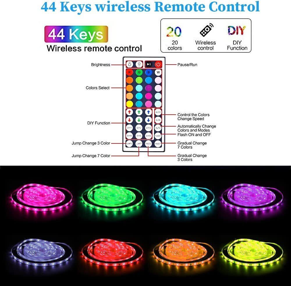 Skanto | LED Lyslist, 30 m, 15 m, Musikk Synkronisering, Bluetooth, 5050, RGB Ambient Lys med Fjernkontroll