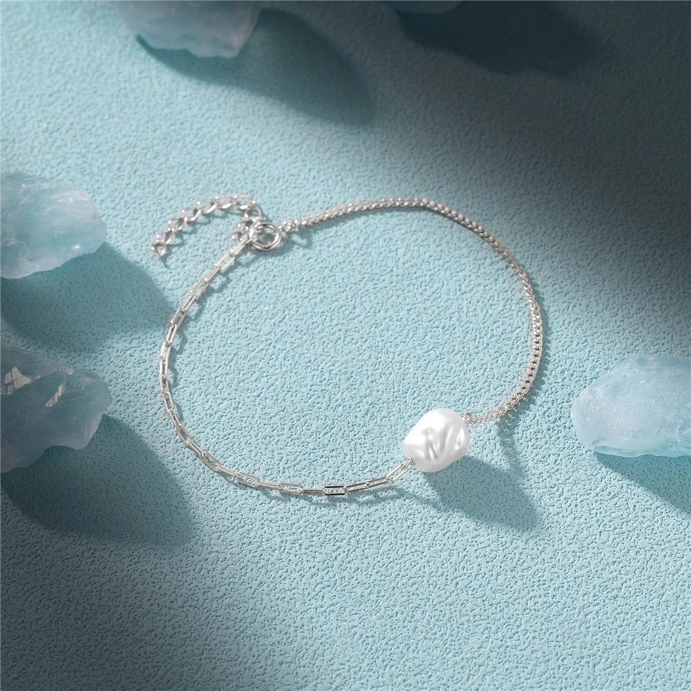 Skanto | S925 Perle Dainty Paperclip og Cuban Chain Armbånd