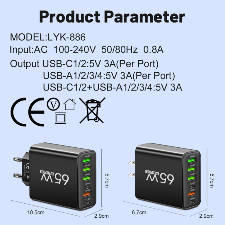 Skanto | PowerMax 65W 6-i-1 Hurtiglader – Lader opptil 6 enheter samtidig – Ideell for hjem, kontor og reise