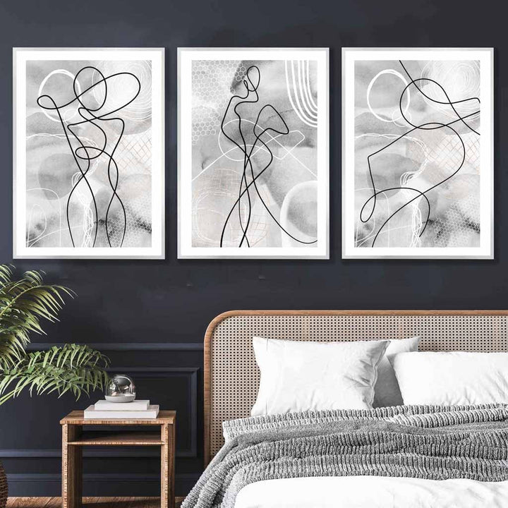 Abstrakt sett med 3 motekunstveggmalerier i svart og grått