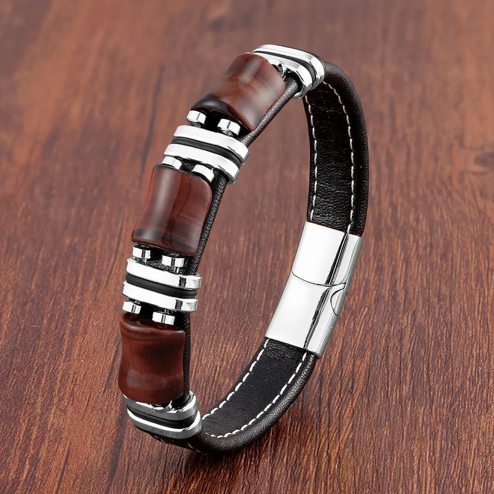 Skanto | Armbånd Skinn Gull | Tiger Eye Perle Herrers Smykker