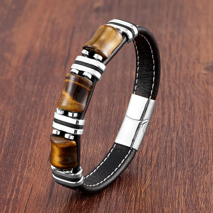 Skanto | Armbånd Skinn Gull | Tiger Eye Perle Herrers Smykker