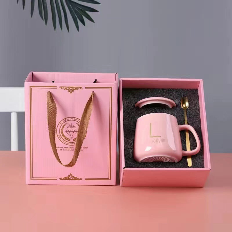 Stor-kapasitet keramikk kopp med lokk og skje kaffekopp gavesett | Skanto