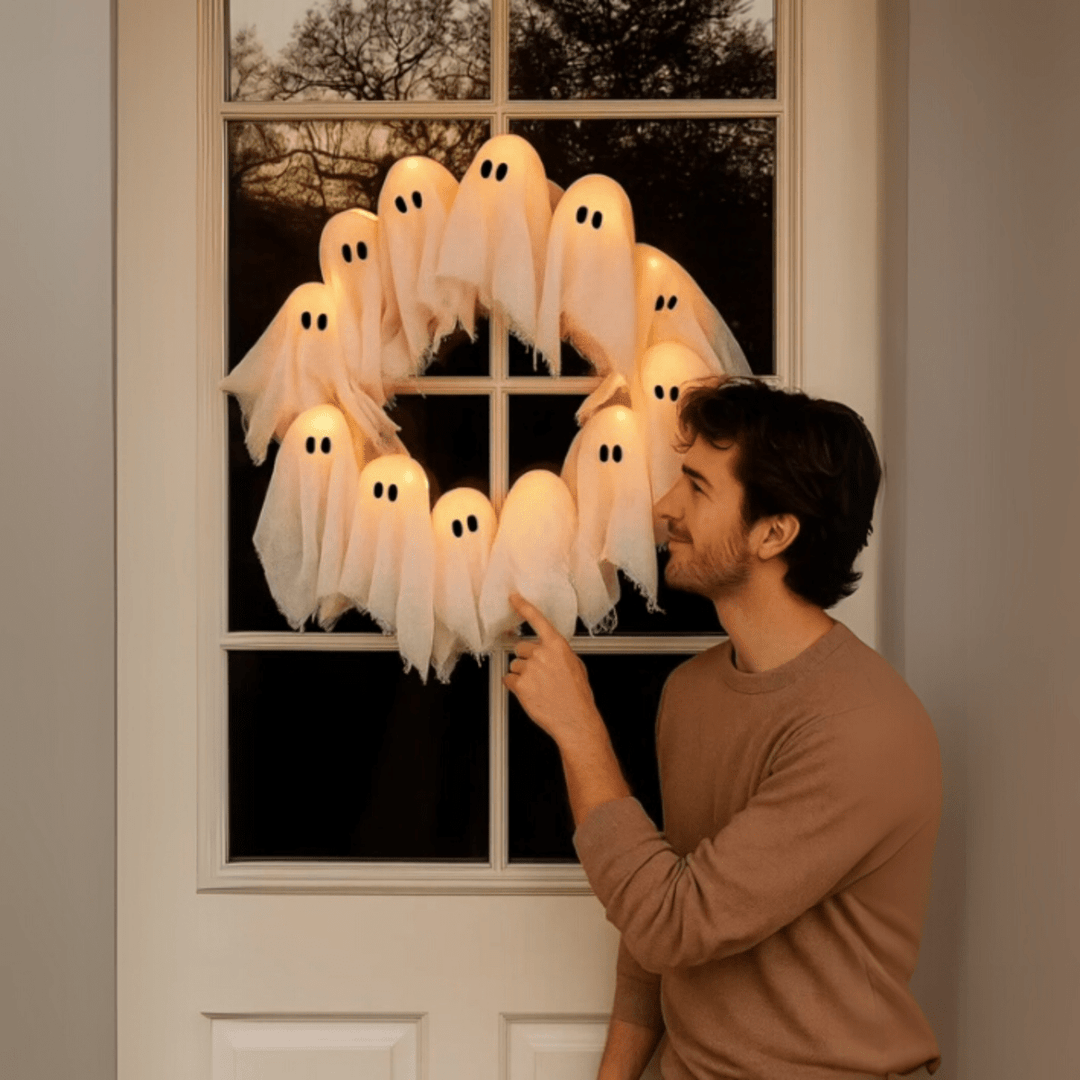 Skanto | SPOOKGLOW – LED Spøkelseskrans med 12 Opplyste Ånder