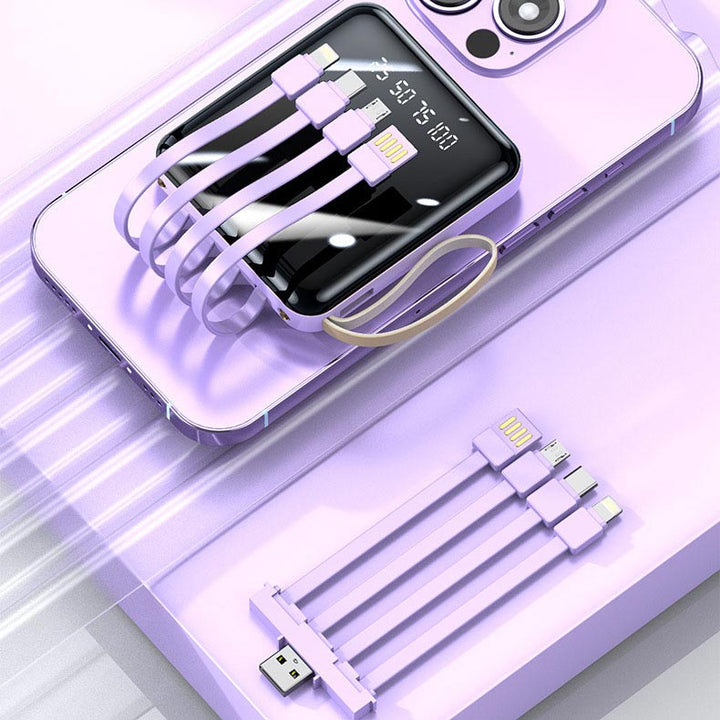 Skanto | Rask lading 20000mAh mini powerbank med integrerte kabler