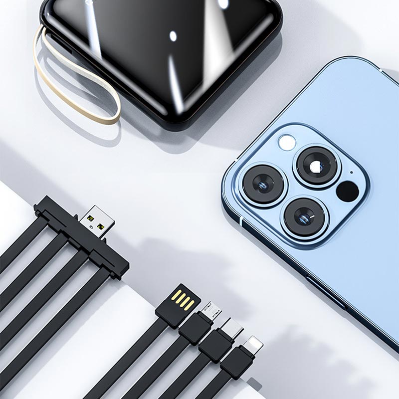 Oppladbar 20000mAh mini powerbank med intern kabel