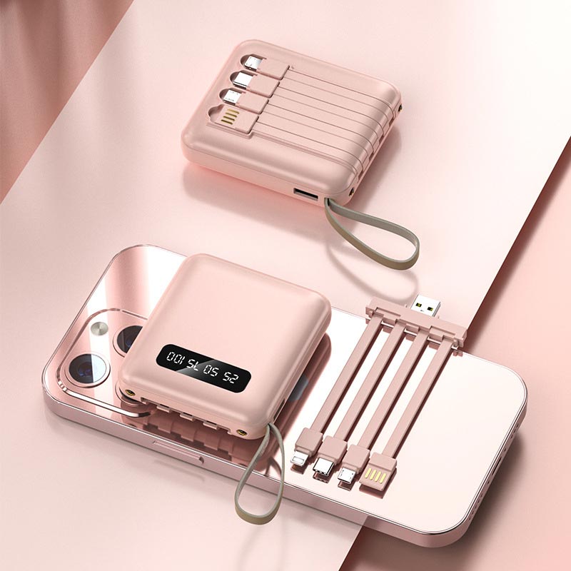 Skanto | Rask lading 20000mAh mini powerbank med integrerte kabler