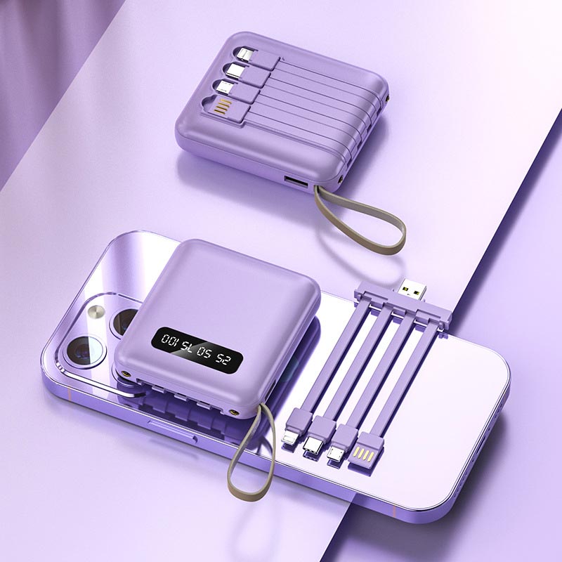 Skanto | Rask lading 20000mAh mini powerbank med integrerte kabler
