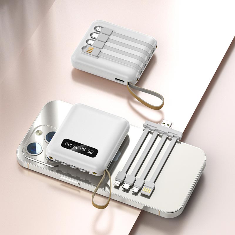 Oppladbar 20000mAh mini powerbank med intern kabel