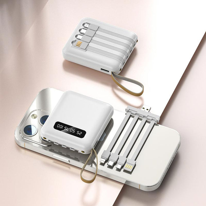 Oppladbar 20000mAh mini powerbank med intern kabel