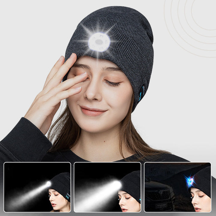 Skanto | LED Hodelykt Avtakbar Bluetooth Hodesett Strikket Lue