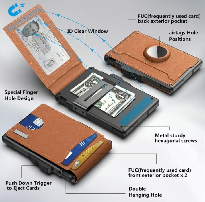 Skanto | 🔥Pop Up aluminiumsveske Pengeklips Slim Leather Slots Kredittkortholdere RFID Blocking Bifold Minimalist Wallet