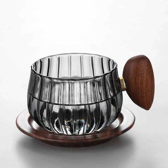 Stripete Varmeresistent Silikon Glass Kaffekopp med Trehåndtak | Skanto
