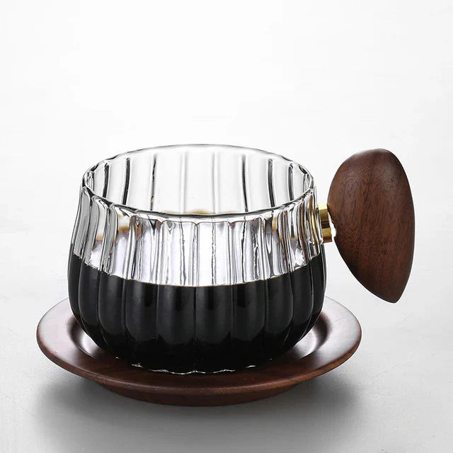 Stripete Varmeresistent Silikon Glass Kaffekopp med Trehåndtak | Skanto