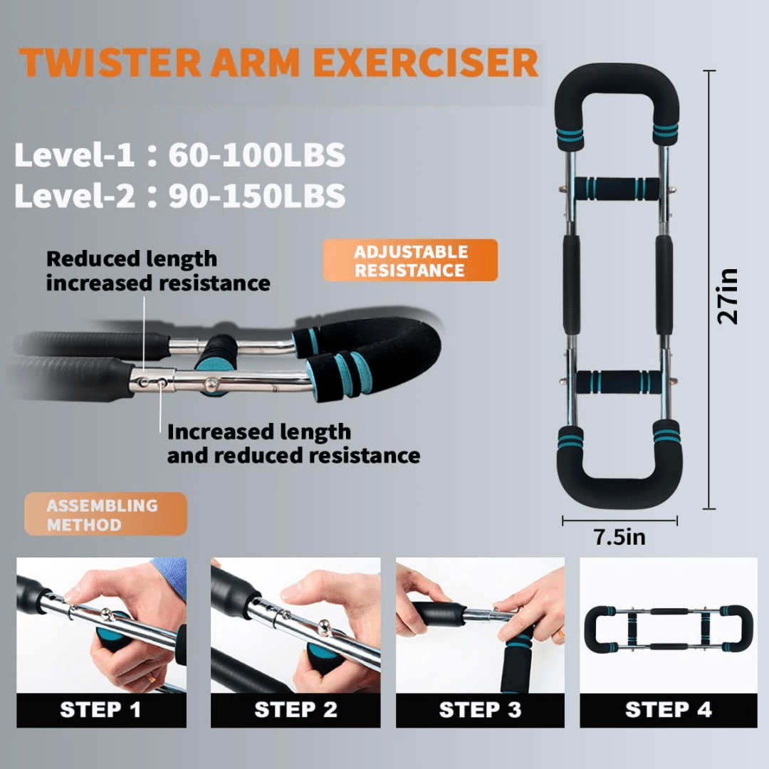 Skanto | TwisterFlex Justerbar Power Twister – StyrkUnderarmene, Triceps & Bryst – Holdbar, Bærbar Styrketreningsstang – Justerbar Motstand