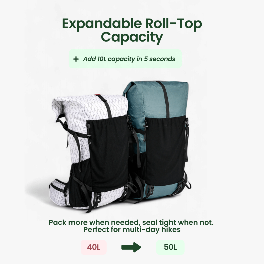 Skanto | ULTREA 50L – Ultralegger ekspanderbar eventyr ryggsekk for fotturer og reise