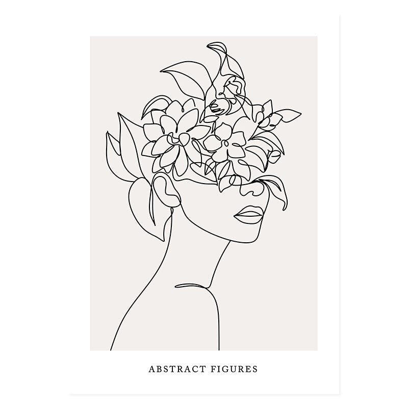 Abstrakt Hånd Skisse Linje Floral Boho Beige - Lerret Veggkunst Trykk | Skanto
